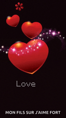a black background with red hearts and the word love