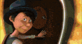 a cartoon character in a hat reaches out towards a door