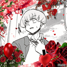 a black and white drawing of a boy with roses and hearts around him