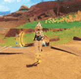 a cartoon character is standing on a dirt road in a field