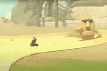 a cartoon character is riding a kart on a track