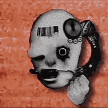 a black and white drawing of a robotic face with a clock on it