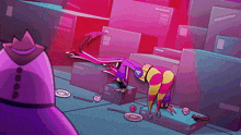a cartoon character with a purple hat is standing in front of boxes