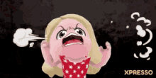 a cartoon of a girl with her mouth open and smoke coming out of her ears .
