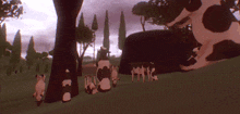 a herd of cows standing in a grassy field with trees in the background