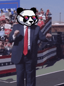 a man in a suit and tie with a panda head on his face