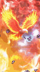 a painting of a phoenix flying through the air with the letter g surrounded by flames