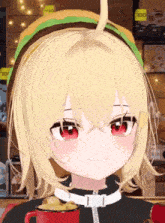 a girl with blonde hair and red eyes is wearing a hamburger hat and holding a cup of chips