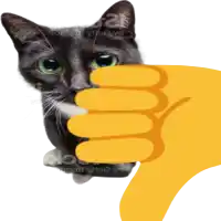 a black cat with green eyes is behind a yellow hand that is giving a thumbs down