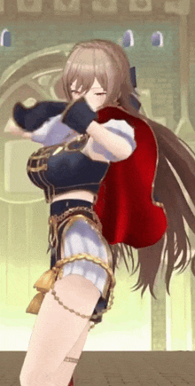 a girl with long hair and a red cape is standing in a room .