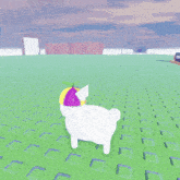 a white sheep wearing a purple hat is standing on a green tiled floor