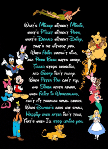 a poster with disney characters including mickey minnie peter pan and alice in wonderland