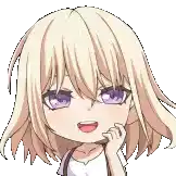 a girl with blonde hair and purple eyes is smiling and holding her hand to her face .