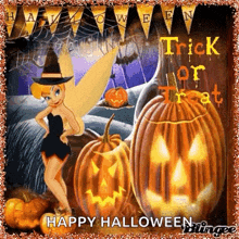 tinkerbell is wearing a witch hat and surrounded by pumpkins and a sign that says trick or treat