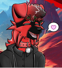 a cartoon drawing of a red dog with a flower crown on his head and a heart in a speech bubble