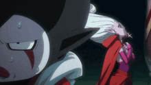 a close up of a cartoon character with a red cape and white hair