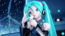 hatsune miku is holding a microphone in her hand and wearing headphones