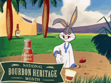 bugs bunny is holding a bottle of carrot juice in his hand