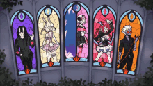 a row of stained glass windows with a few characters in them