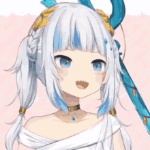 a girl with white hair and blue eyes is holding a sword .