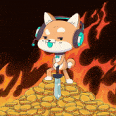 a cartoon dog wearing headphones is holding a sword