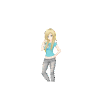 a pixel art drawing of a girl wearing a blue shirt and jeans