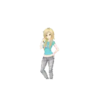 a pixel art drawing of a girl wearing a blue shirt and jeans