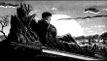 a black and white painting of a man standing in front of a landscape .
