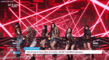 a group of young women are dancing on a stage with a banner that says doomchita returning to fans after 8 months secret number released
