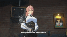 a girl with pink hair and glasses stands in front of a brick wall with the word sto on it