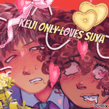 a drawing of a boy and a girl with the words " keiji only loves suya " above them