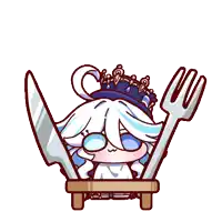 a cartoon character holding a knife and fork over her head