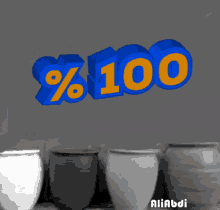 a row of clay pots are lined up in front of a sign that reads % 100