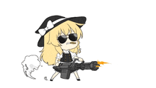 a cartoon of a girl wearing sunglasses and a hat holding a gun .