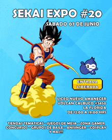 a poster for sekai expo # 20 shows goku flying through the air