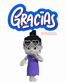 a cartoon character wearing heart shaped sunglasses stands in front of a sign that says " gracias "