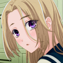 a girl with blonde hair and purple eyes is wearing a sailor uniform