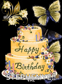 a birthday cake with flowers and butterflies and the name stephenye on it
