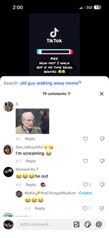 a screenshot of a tiktok app with a picture of an old man walking away