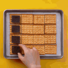 a tray of crackers with chocolate squares on them and the word mrcakes on the bottom