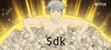 a shirtless man is laying in a pile of money with the words $ dk written on the bottom