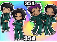 a cartoon drawing of a group of people with the number 354 on the bottom