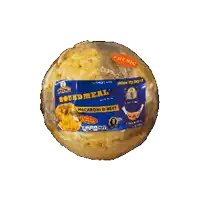 a round meal with macaroni and beef written on it