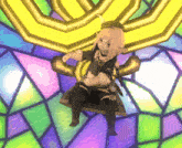 a cartoon character is standing in front of a colorful stained glass window