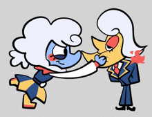 a couple of cartoon characters standing next to each other one of which is holding another 's hand