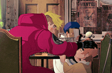 a man in a red coat sits at a table in front of a wall with wanted posters on it