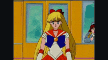 a cartoon of a girl in a sailor suit standing in front of a window .