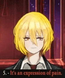 a girl with yellow hair is wearing a suit and tie and is talking about pain .