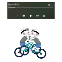 a cartoon of two robots riding a bike with the song dimension drifter playing in the background