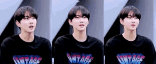 a young man wearing a black shirt with the word vintage on it is making different faces .